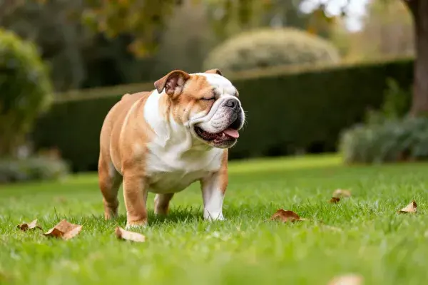 英国斗牛犬在草坪上的状态捕捉