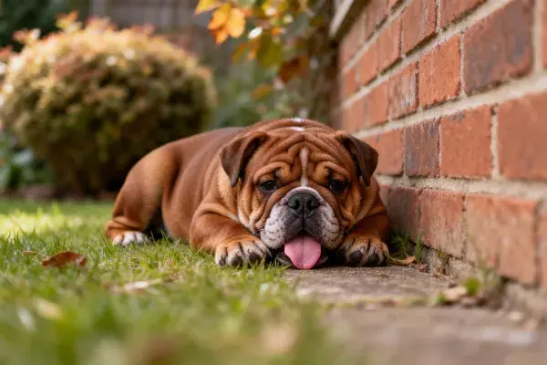 砖墙旁边趴卧的棕色斗牛犬
