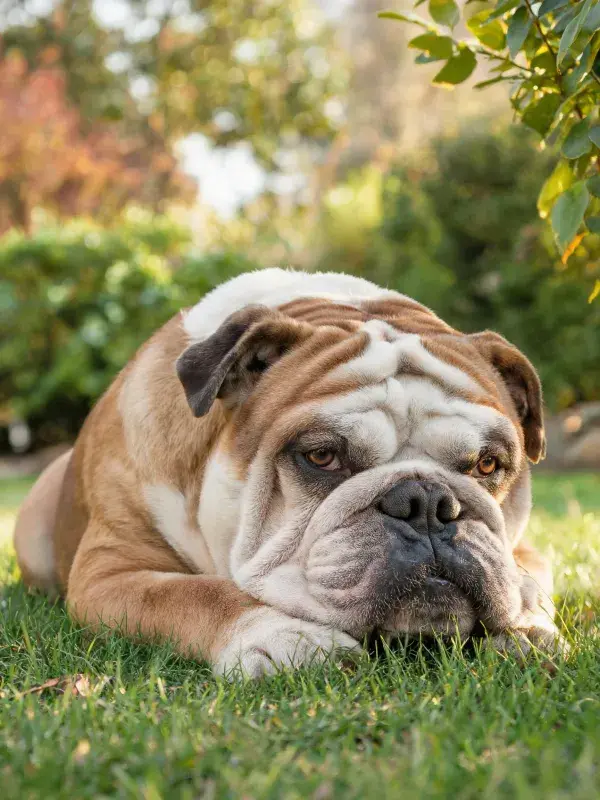 英国斗牛犬安静趴卧草地场景