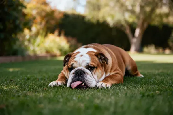 阳光草坪上的英国斗牛犬休憩图景