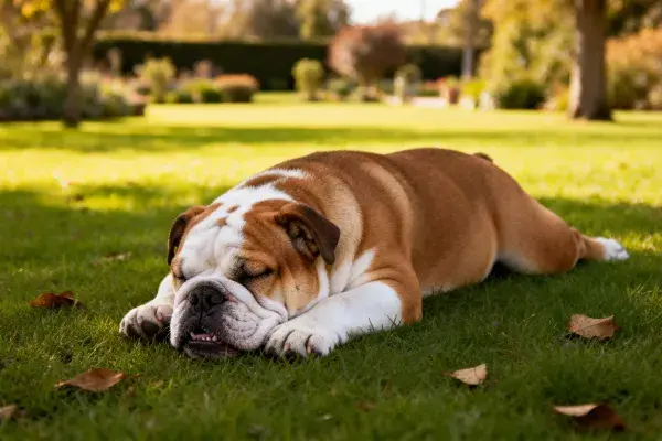 英国斗牛犬在草坪上休憩