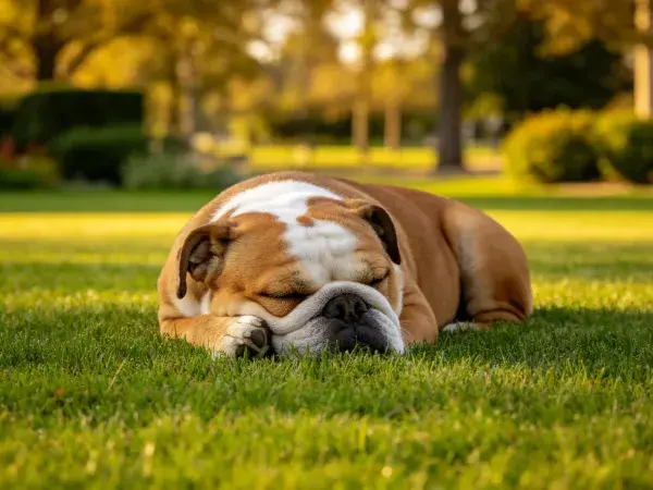英国斗牛犬在草地休憩的场景