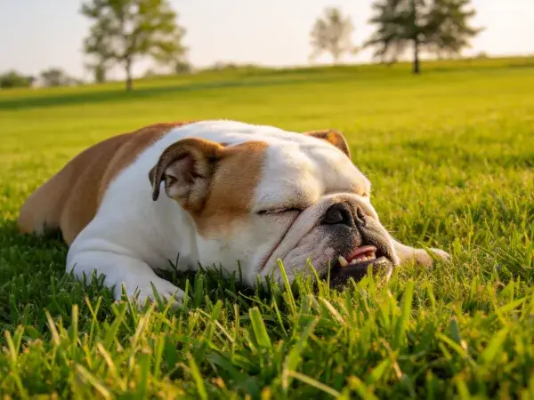 草地上的英国斗牛犬特写镜头