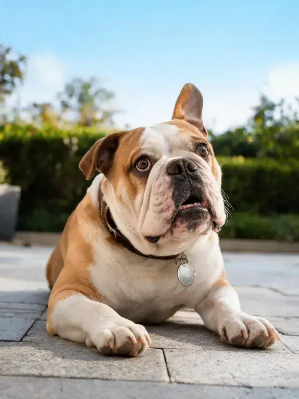 阳光下砖石地面上的英国斗牛犬