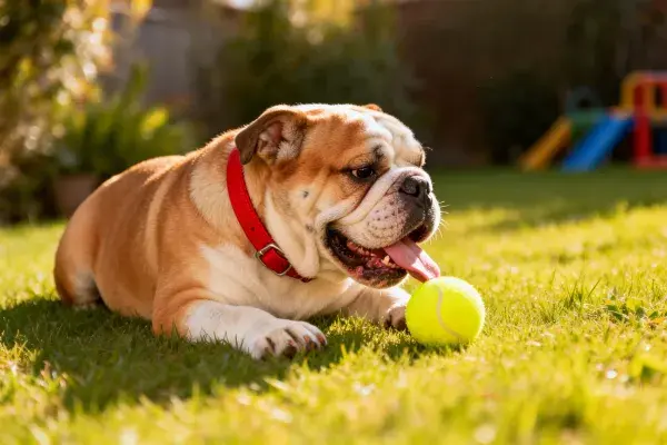 英国斗牛犬在草坪玩网球