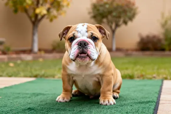 阳台草坪上的英国斗牛犬幼犬