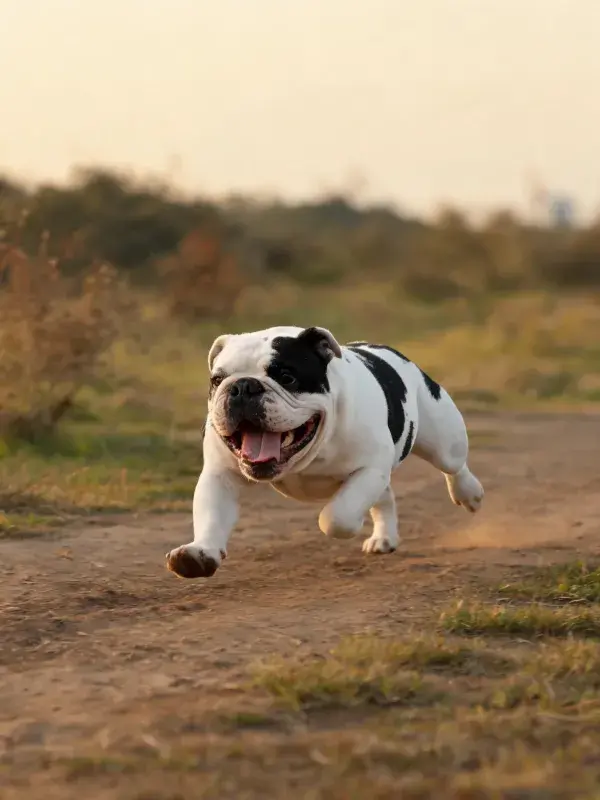 砖石小径上黑白英斗犬奔跑场景