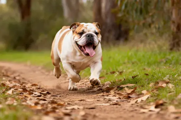 户外泥土小径上的英国斗牛犬
