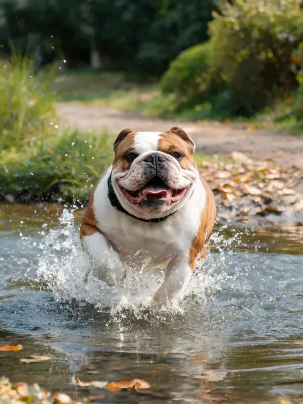 溪边奔跑的英国斗牛犬
