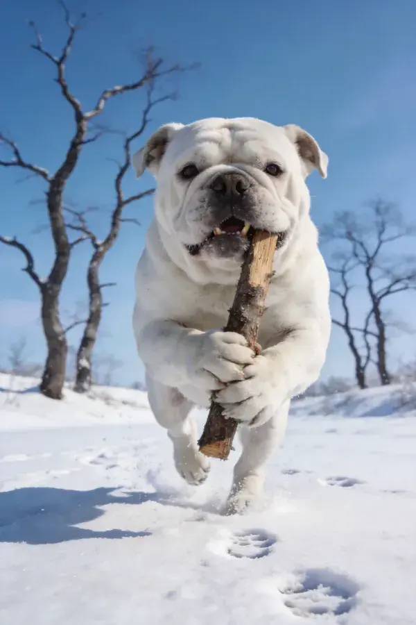 雪地中奔跑的英国斗牛犬叼木棍场景