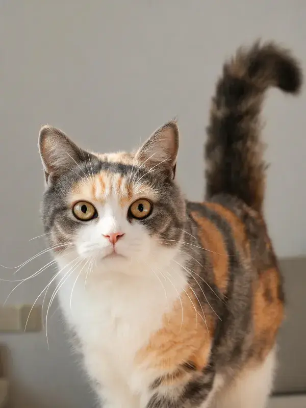 室内环境中短毛三色猫的特写