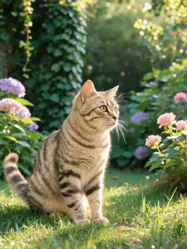 阳光花园里的短毛虎斑猫
