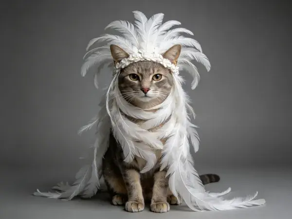 灰色背景中的羽毛装扮短毛家猫