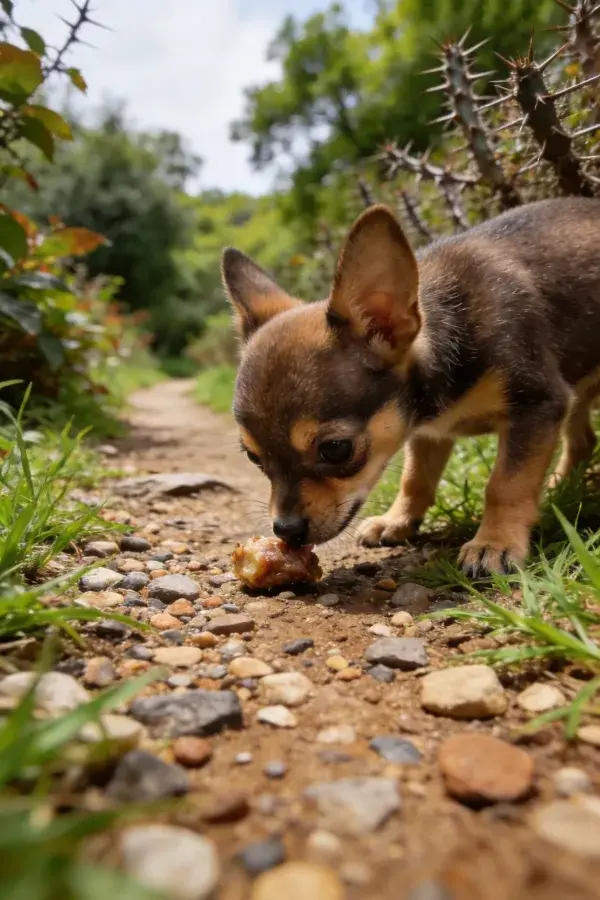 黑色带棕纹吉娃娃犬啃食地面食物