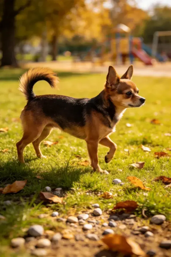 阳光明媚草坪上的吉娃娃犬漫步场景