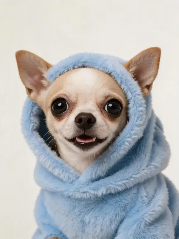 室内特写穿蓝色连帽衣的小型吉娃娃犬