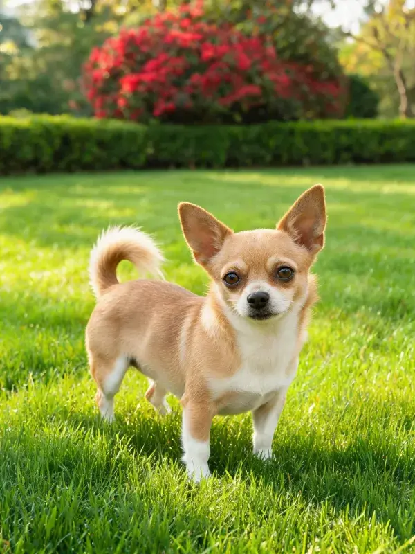 阳光草坪上的小型短毛犬