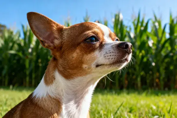 吉娃娃犬在玉米地旁的特写镜头