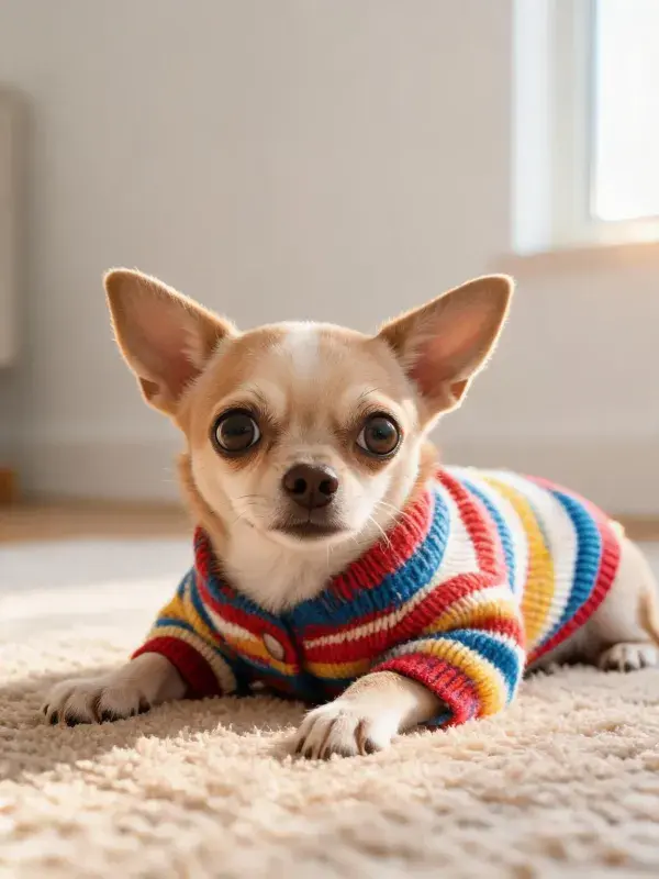 吉娃娃犬穿毛衣趴在地毯上
