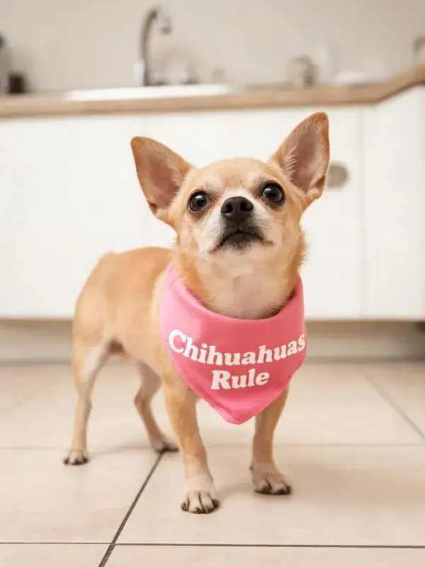 吉娃娃犬佩戴粉色围巾的室内特写