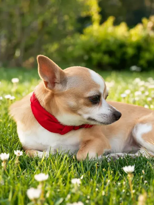 阳光草地上的吉娃娃犬休憩场景