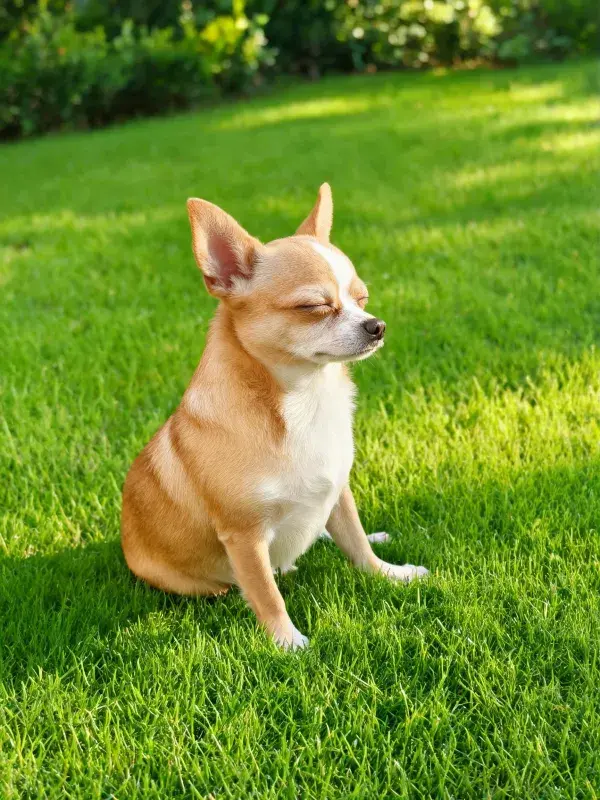 阳光下草坪上的吉娃娃犬