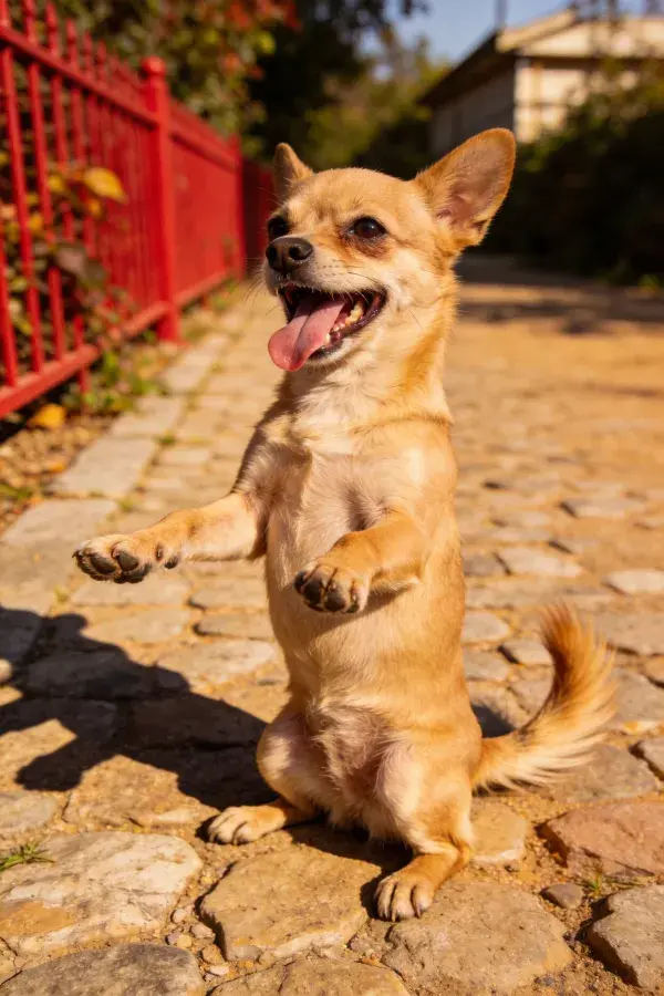 阳光小径上的小型犬站立场景