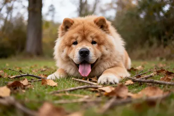 阳光草地上的松狮犬休息场景