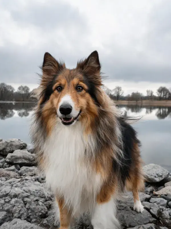 露天岩石旁的设得兰牧羊犬