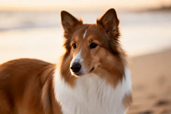 苏格兰牧羊犬沙滩夕阳下站立