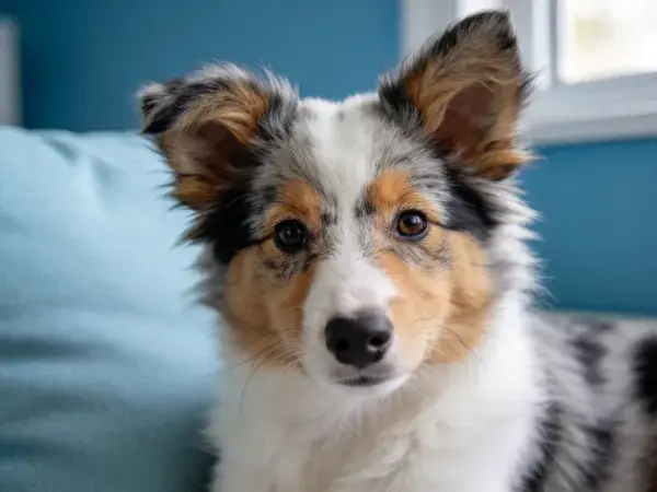 室内窗边蓝墙前的设得兰牧羊犬