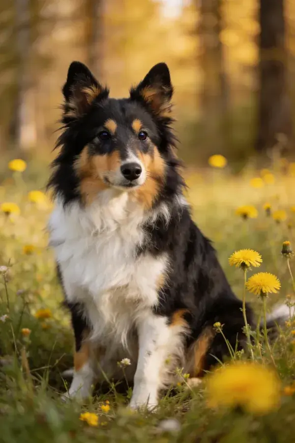 三色长毛设得兰牧羊犬草地特写