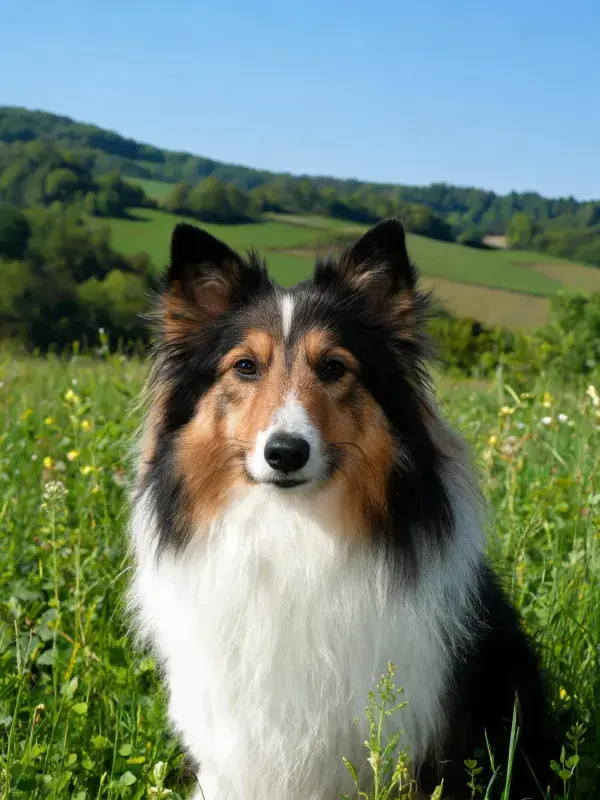 黑棕白三色设得兰牧羊犬草地特写