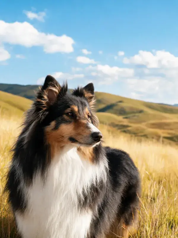 黑白棕相间的苏格兰牧羊犬特草原特写