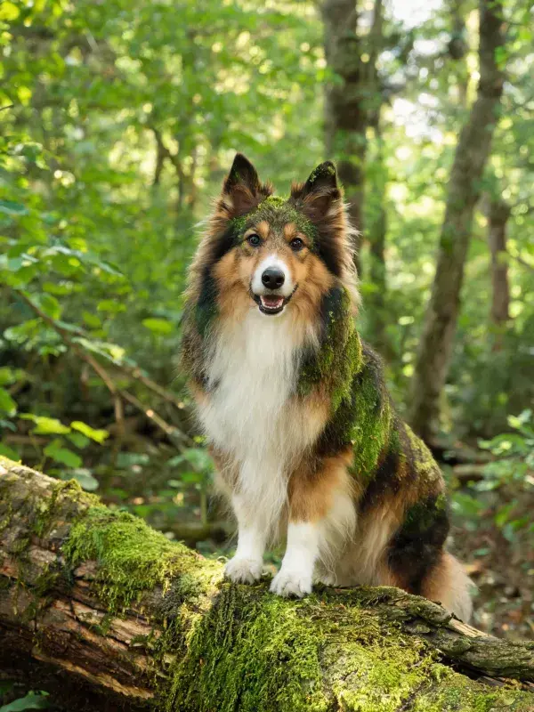 森林环境中长满青苔的原木上的设得兰牧羊犬