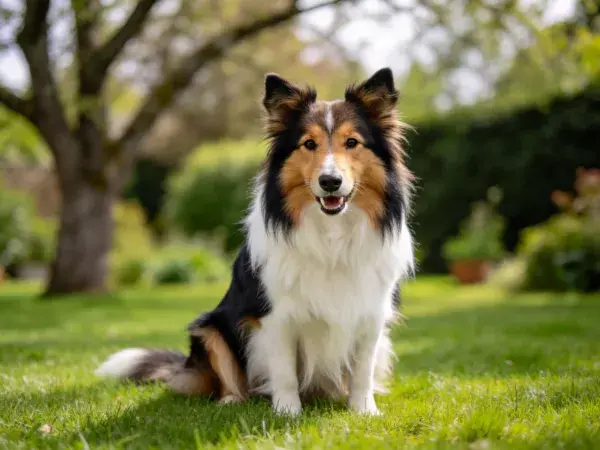 设得兰牧羊犬坐于花园草地