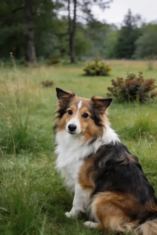 设得兰牧羊犬于草地树林场景中静坐
