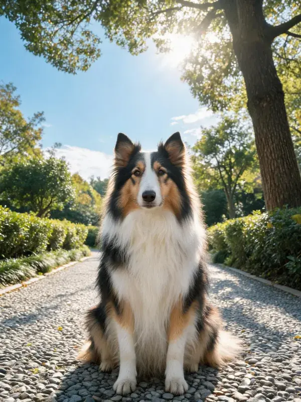 阳光园林碎石路上的边界牧羊犬特写