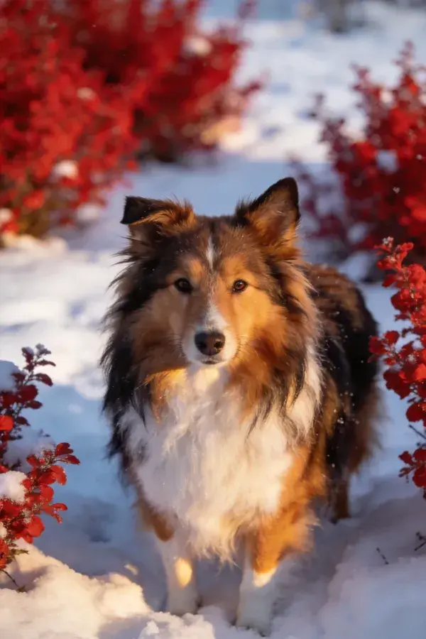 雪地红枝间的三色边境牧羊犬