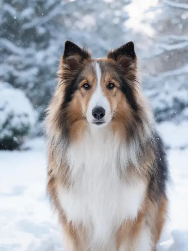 雪地中设得兰牧羊犬凝视