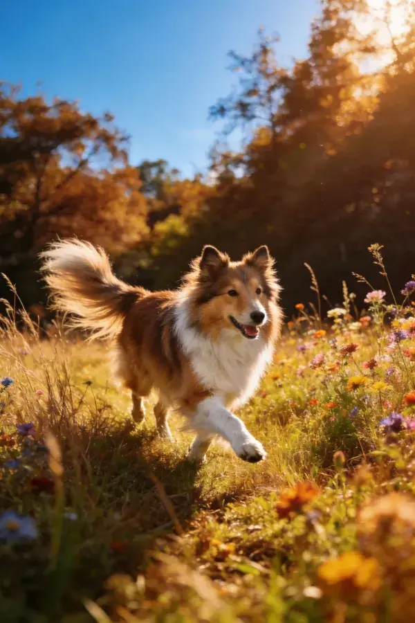阳光草地中的设得兰牧羊犬