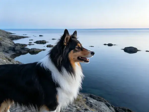 海边岩石处的边境牧羊犬