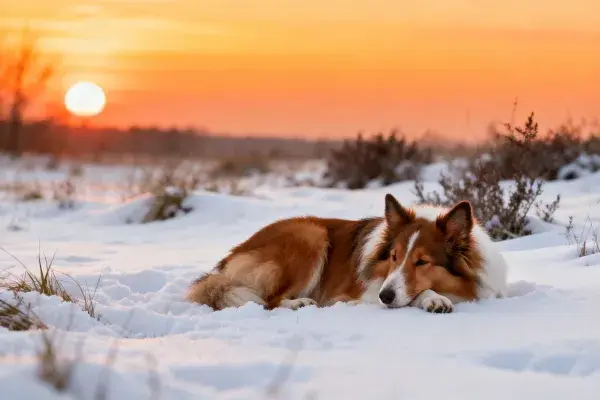 雪地中休憩的设得兰牧羊犬
