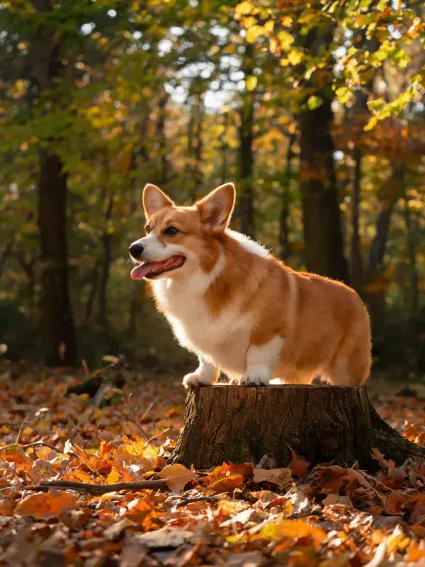 森林秋景中柯基犬站立场景
