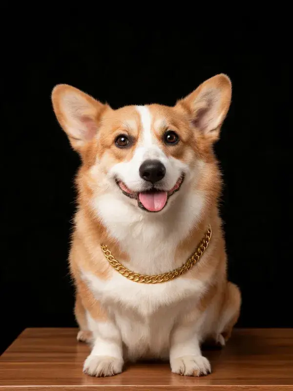 威尔士柯基犬佩戴金链的特写