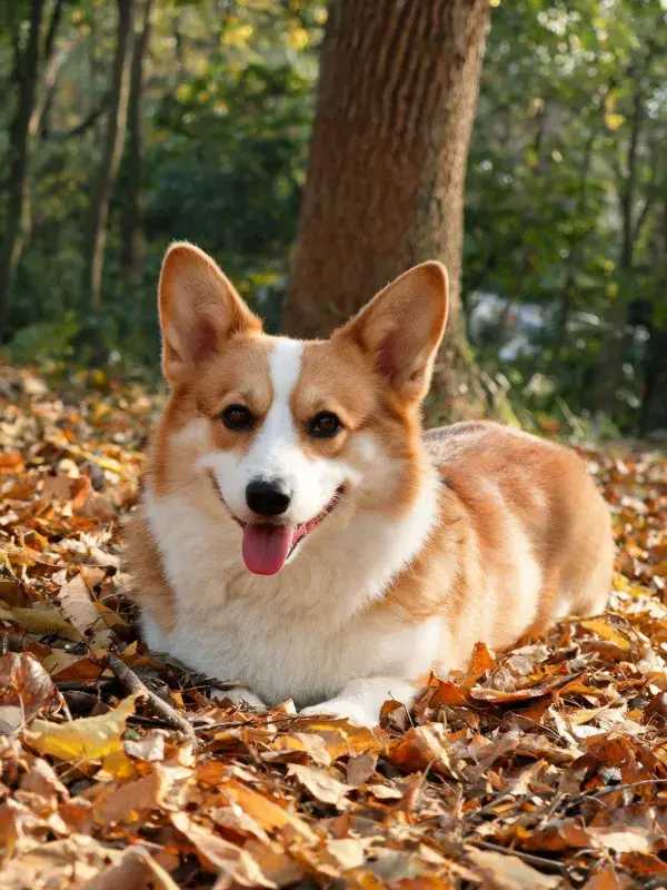 秋日落叶间柯基犬休憩