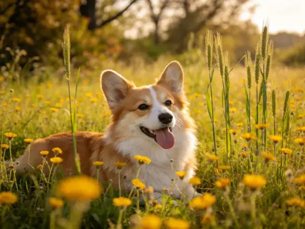 阳光草地中的柯基犬特写