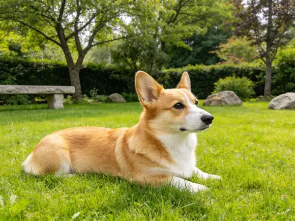 柯基犬在花园草地观察场景
