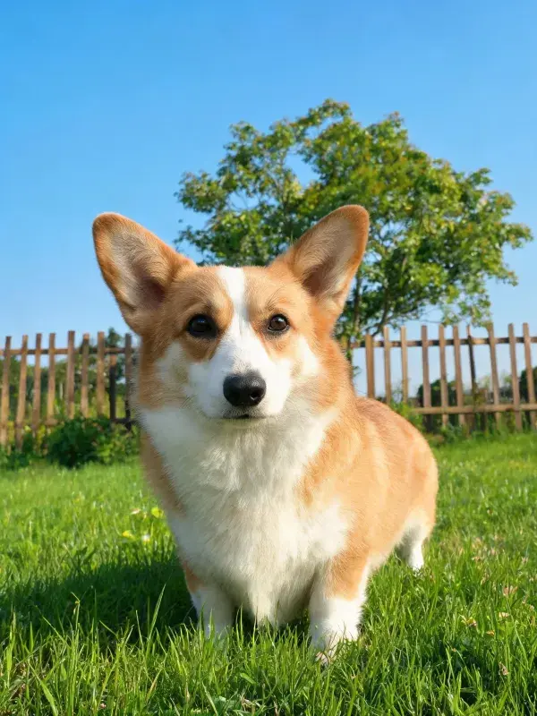 阳光下草地上的柯基犬特写