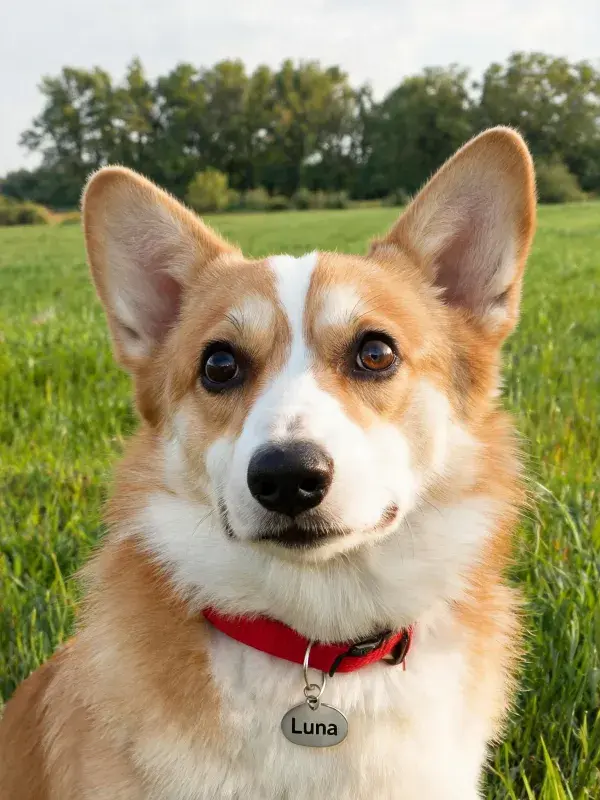 绿地中戴红色项圈的柯基犬特写